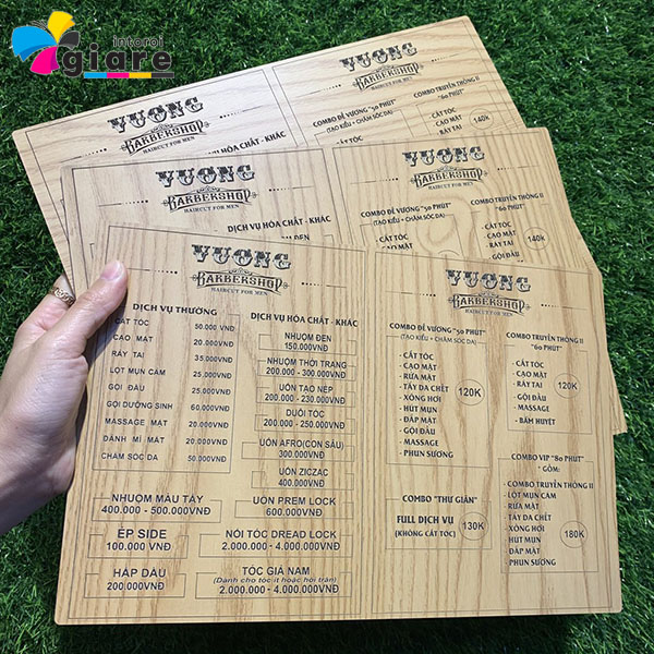 Mẫu menu gỗ Vương Barbershop