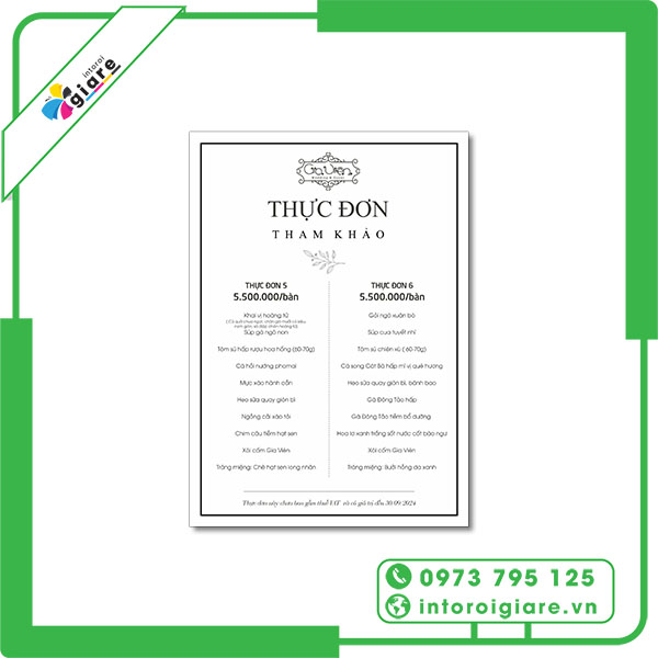 Mẫu menu đám cưới Gia Viên